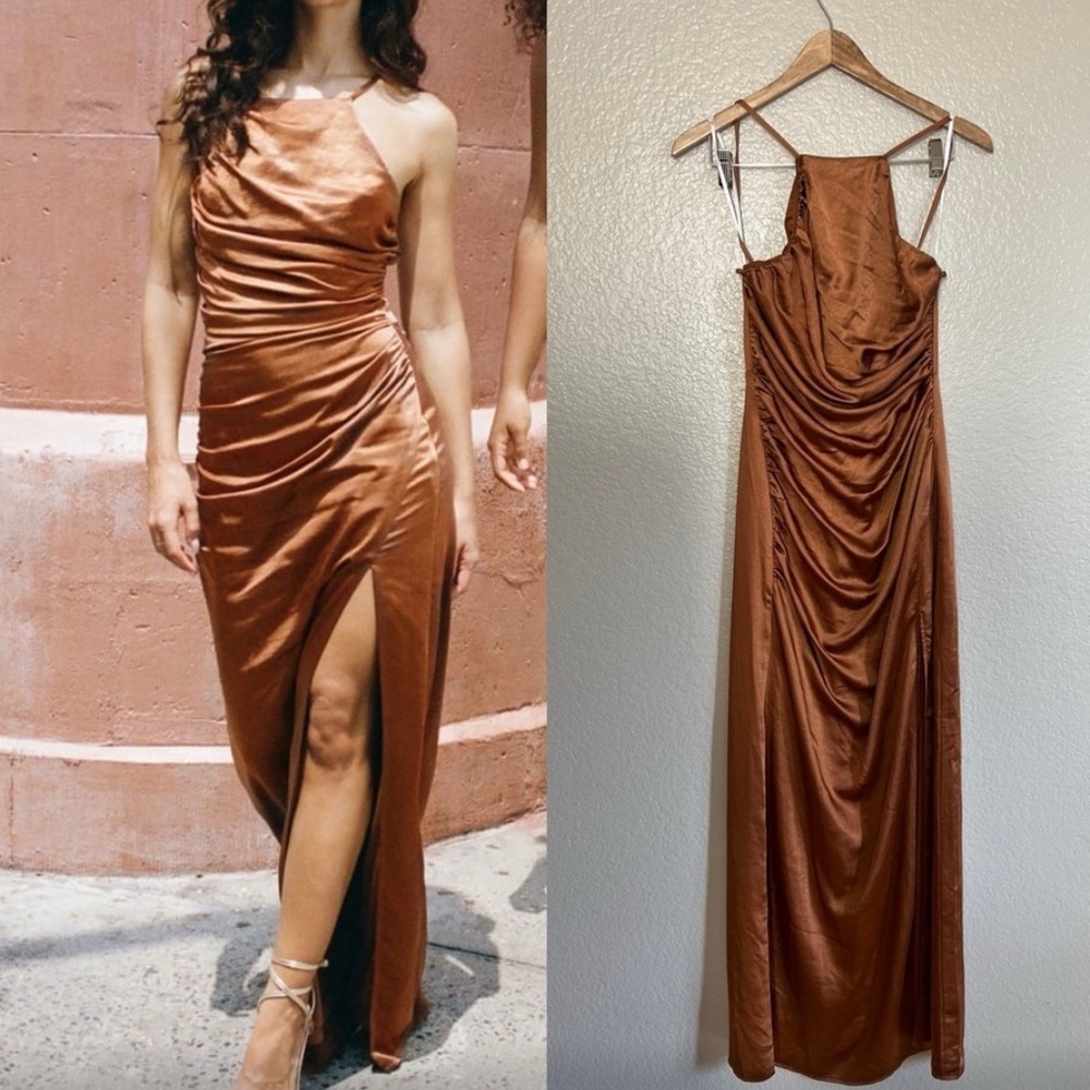 Bronze Satin Ruched Backless Maxi Dress Medium